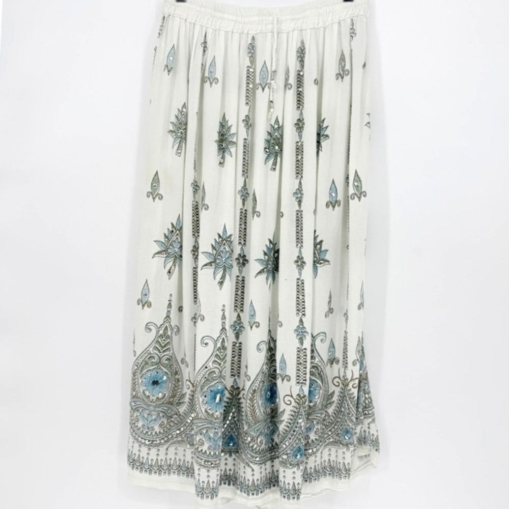 Boho White Blue Sequin Paisley Maxi Peasant Skirt Tassel India Festival OS